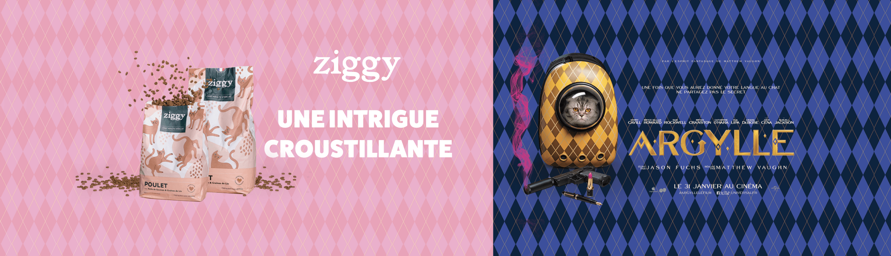 Visuel de la collaboration entre la marque d'alimentation pour chat Ziggy et le film Argylle avec Henry Cavill et Dua Lipa
