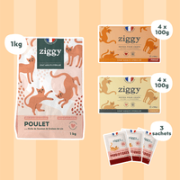 Composition du coffret découverte pour chat adulte stérilisé Ziggy comprenant des croquettes et pâtées pour chat adulte stérilisé ainsi que des probiotiques pour chat