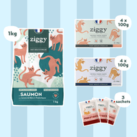 Composition du coffret découverte pour chat adulte stérilisé Ziggy comprenant des croquettes et pâtées pour chat adulte stérilisé ainsi que des probiotiques pour chat