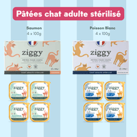 Composition du coffret découverte pour chat adulte stérilisé Ziggy comprenant des croquettes et pâtées pour chat adulte stérilisé ainsi que des probiotiques pour chat