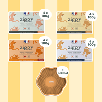Contenu du coffret Chat Glouton pour chat adulte stérilisé de la marque Ziggy qui comprend pâtées pour chat adulte stérilisé et un tapis de léchage anti-glouton pour chat