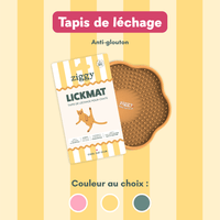 Contenu du coffret Chat Glouton pour chat adulte stérilisé de la marque Ziggy qui comprend pâtées pour chat adulte stérilisé et un tapis de léchage anti-glouton pour chat
