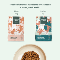 Zusammensetzung des Sets für sterilisierte erwachsene Katzen Ziggy – gesunde, getreidefreie Katzennahrung
