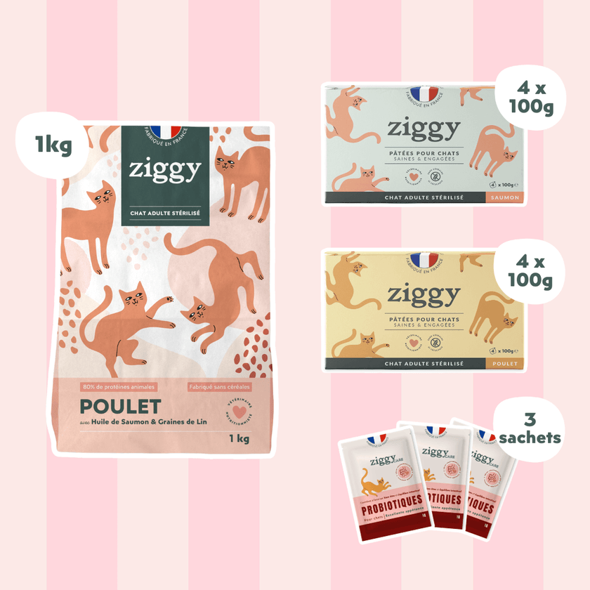 Composition du coffret pour chat adulte stérilisé Ziggy alimentation pour chat saine et sans céréales