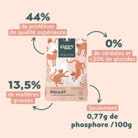 Sac de 1 kg de croquettes pour chat adulte stérilisé au poulet Ziggy avec description de la composition