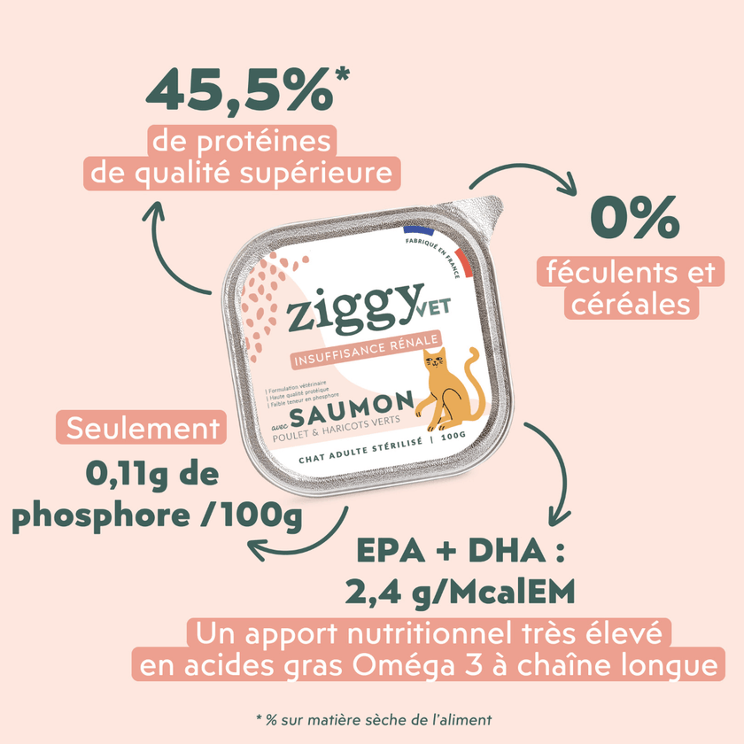 Composition analytique de la pâtée pour chat en insuffisance rénale Chronique (IRC) au saumon Ziggy