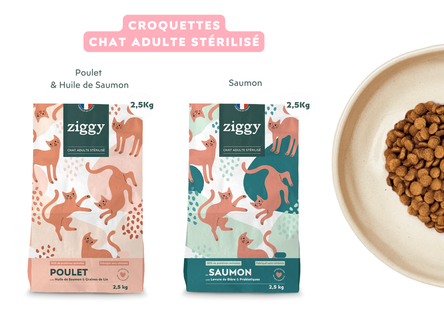 Contenu du coffret découverte Croquettes Party de Ziggy pour chat adulte stérilisé au saumon et au poulet