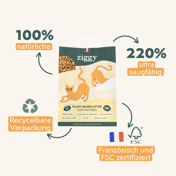 Composition et label de la litière végétale pour chat 100% naturelle Ziggy
