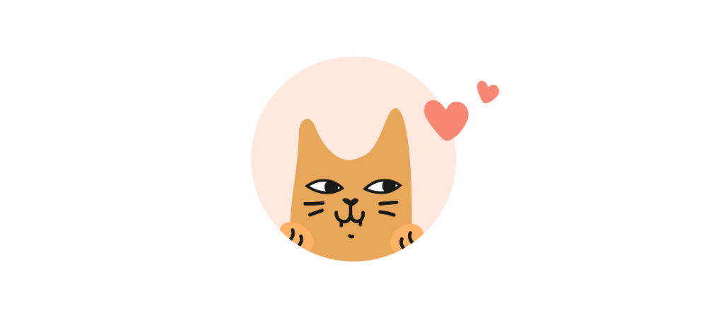 Illustration de la tête d'un chat dans un rond rose avec des coeurs
