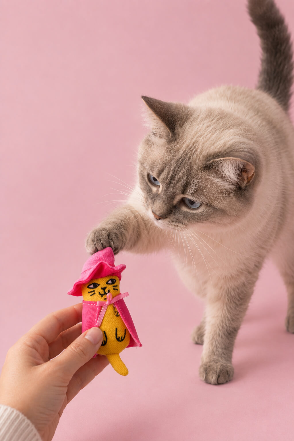 Chat levant la patte vers la peluche sorcière Ziggy à la cataire tenue par une main