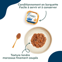 Texture et conditionnement de la pâtée Ziggy pour chat adulte stérilisé au poisson blanc, saine et sans amidon