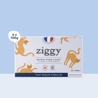 Boite de 4 pâtées Ziggy de 100g pour chat adulte stérilisé au poisson blanc, saines et sans céréales