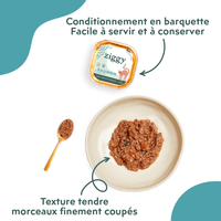 Conditionnement et texture de la pâtée Ziggy pour chat adulte stérilisé au saumon, saine et sans amidon