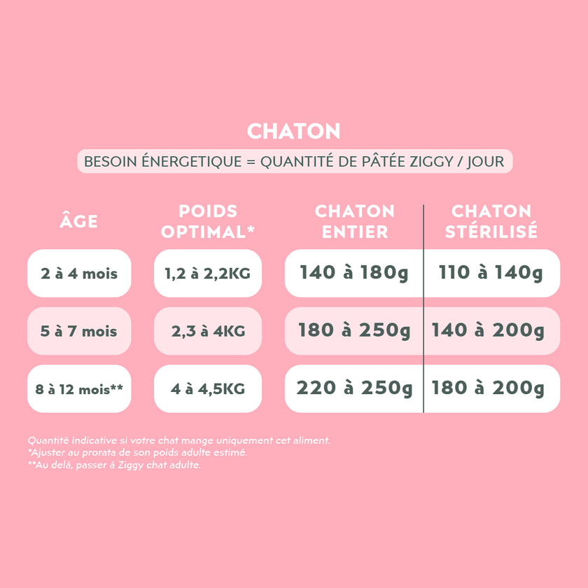 Quantité de pâtée donner à un chaton en fonction de son besoin énergétique pour la pâtée pour chaton Ziggy à la truite, saine et sans amidon