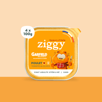 Barquette de 100g de pâtée pour chat adulte stérilisé au poulet Ziggy en édition limitée avec Garfield