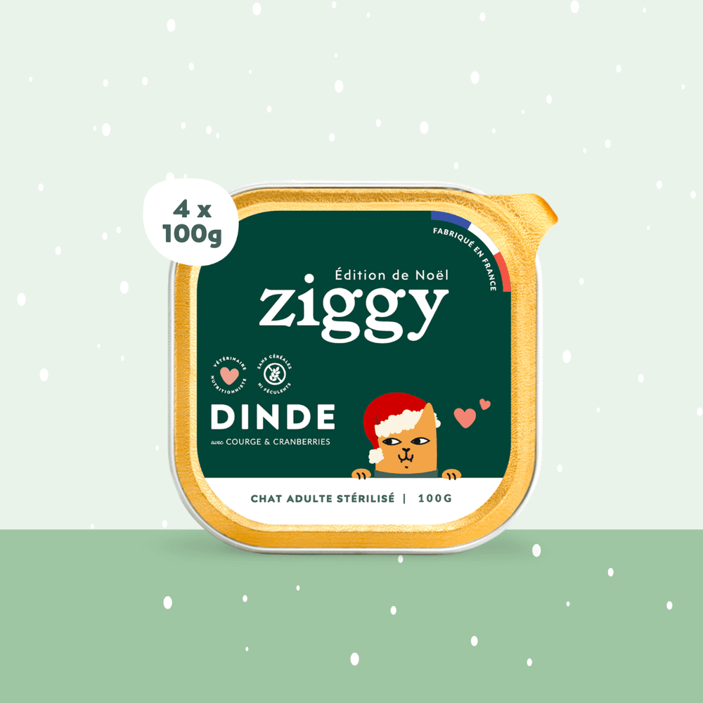 Boite de 4 pâtées de 100g à la dinde spéciale Noël pour chat adulte stérilisé Ziggy