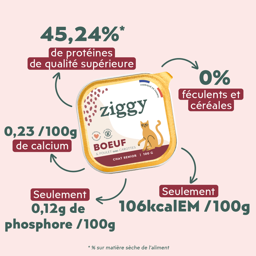 Ingrédients de la pâtée pour chat senior Ziggy au boeuf, saine et sans amidon