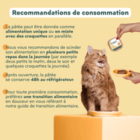 Recommandations de consommation de la pâtée pour chat adulte stérilisé au poulet, saines, à base d'ingrédients naturelles et sans amidon ou céréales
