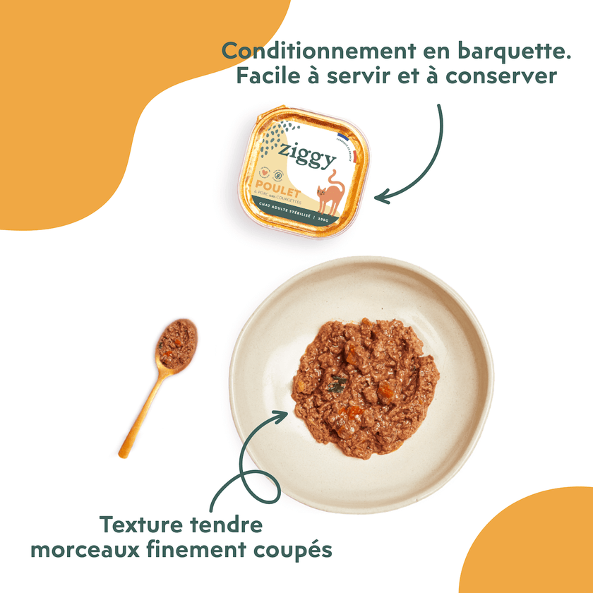 Conditionnement et texture de la pâtée pour chat adulte stérilisé au poulet, saines, à base d'ingrédients naturelles et sans amidon ou céréales