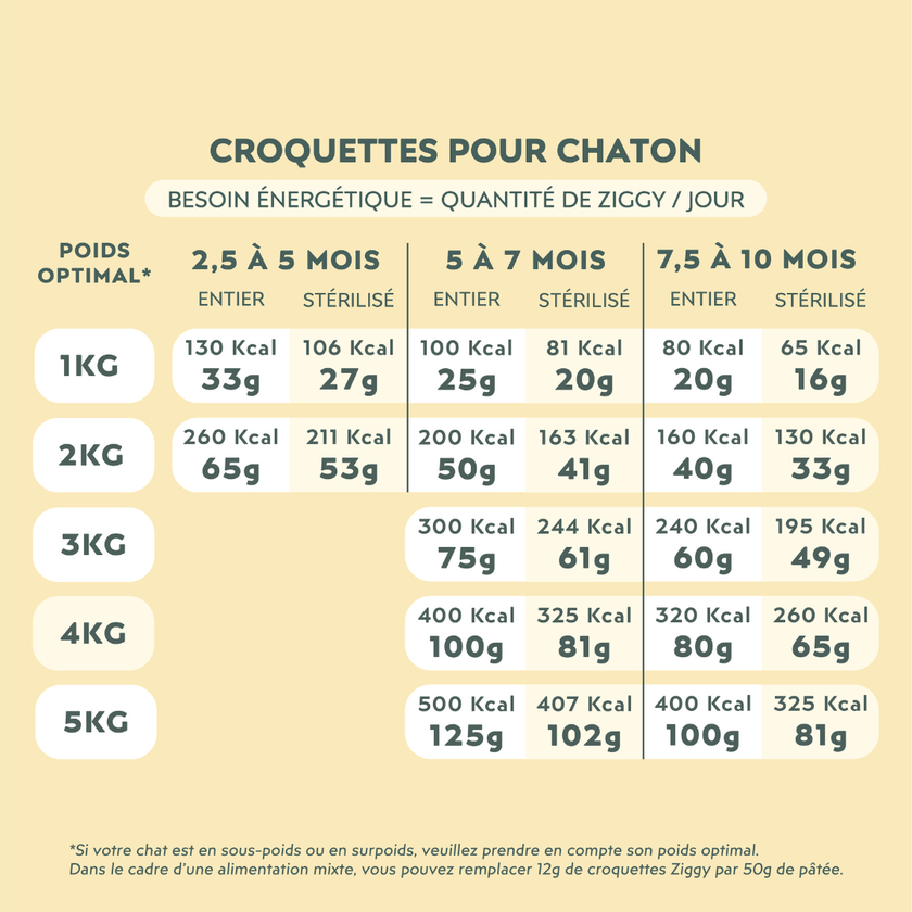 Quantité de croquettes Ziggy à donner à son chaton en fonction de son âge et de son poids optimal