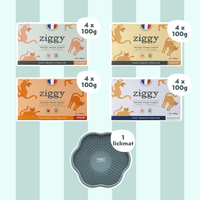 Contenu du coffret Chat Glouton pour chat adulte stérilisé de la marque Ziggy qui comprend pâtées pour chat adulte stérilisé et un tapis de léchage anti-glouton pour chat