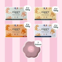 Contenu du coffret Chat Glouton pour chat adulte stérilisé de la marque Ziggy qui comprend pâtées pour chat adulte stérilisé et un tapis de léchage anti-glouton pour chat
