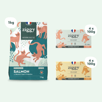 Contents of the Ziggy bundle for sterilized adult cats: healthy, grain-free cat food