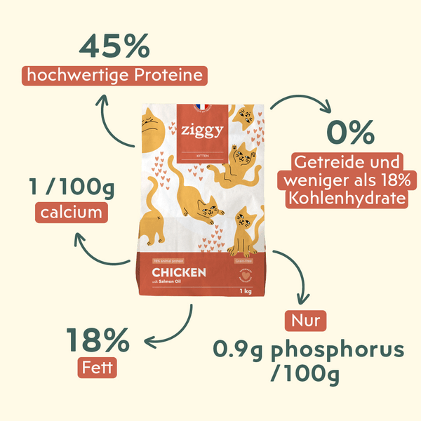 Ingrédients des croquettes Ziggy pour chaton au poulet, saine et sans céréales
