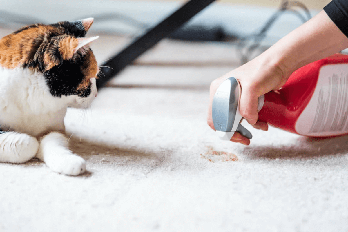 Personne qui nettoie le vomis d'un chat sur le tapis