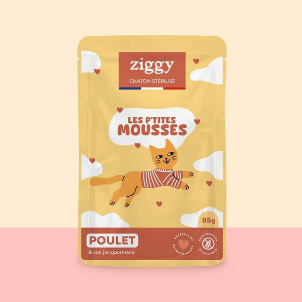 Sachet de mousse Ziggy pour chaton stérilisé sans céréales au poulet, 85 g, sur fond pêche