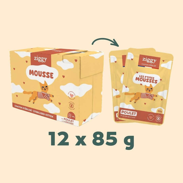 Sachet de mousse Ziggy pour chaton stérilisé sans céréales au poulet, 85 g, sur fond pêche