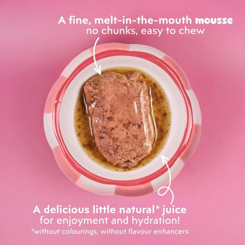 Fine, melt-in-the-mouth texture of Ziggy mousse for sterilised kittens with chicken, seen from above, with its gravy