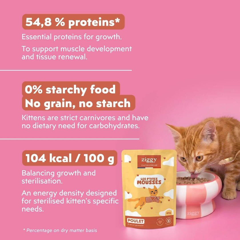 Ziggy mousse for sterilised kittens with chicken: 54.8% protein (dry matter), 104 kcal per 100 g and 0% starch