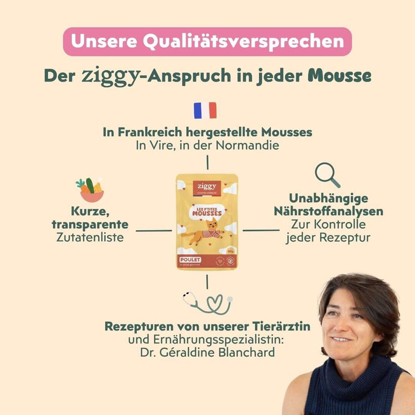 Garantien der Ziggy Mousse für sterilisierte Kätzchen: Made in France, von Tierärztin entwickelt, unabhängige Analysen