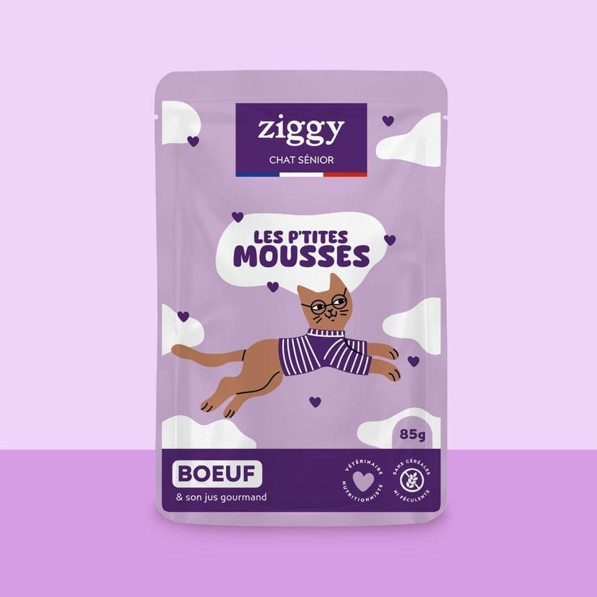 Ziggy Mousse für Senior-Katzen, getreidefrei, mit Rind: Vorderseite des 85-g-Beutels