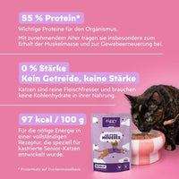 Ziggy Mousse für Senior-Katzen mit Rind: 55 % Protein (Trockenmasse), 97 kcal pro 100 g und 0 % Stärke