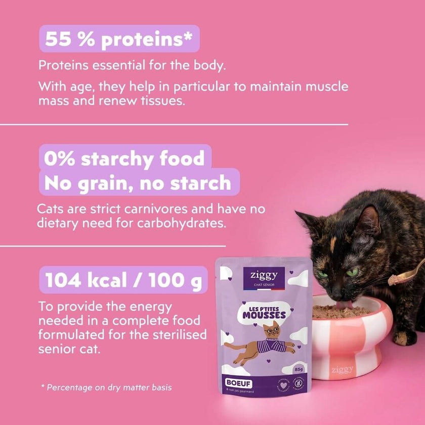 Ziggy mousse for senior cats with beef: 55% protein (dry matter), 97 kcal per 100 g and 0% starch