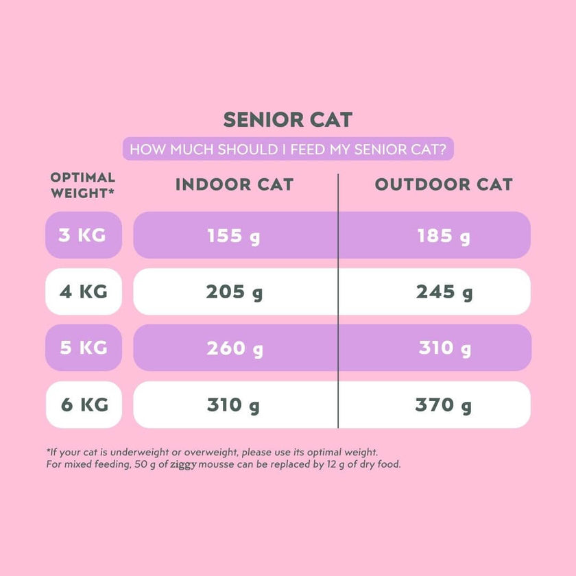 Daily feeding guide for Ziggy mousse for senior cats with beef, by ideal weight and lifestyle