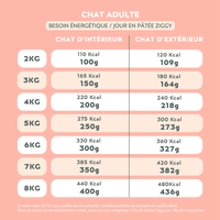 Quantité par jour à donner à son chat entier de la pâtée Ziggy pour chat adulte au boeuf, saine et sans amidon, en fonction de son besoin énergétique