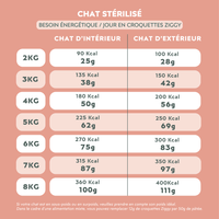 Recommandation Ziggy des quantités de croquettes à donner à son chat adulte stérilisé en fonction de son besoin énergétique