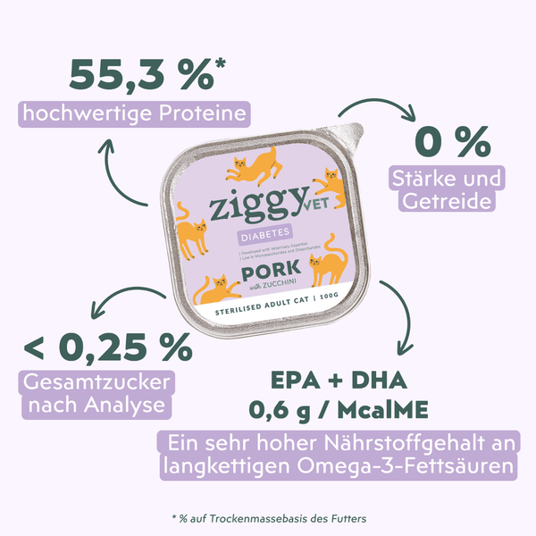 Ingrédients de la pâtée Ziggy Vet pour chat souffrant de diabète, saine et sans amidon