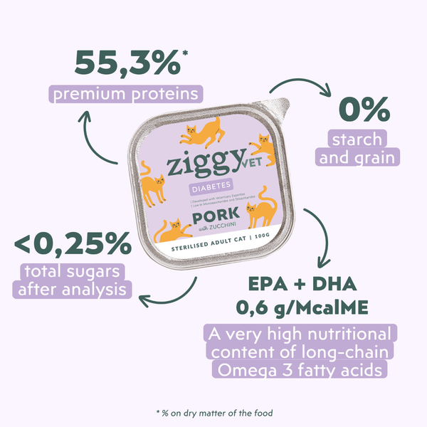 Ingrédients de la pâtée Ziggy Vet pour chat souffrant de diabète, saine et sans amidon