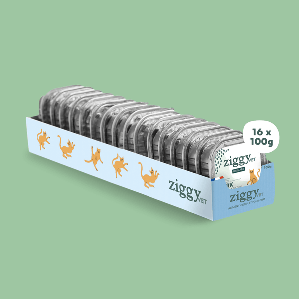 Barquette de 100g de pâtées Ziggy pour chat adulte souffrant de troubles urinaires, saines et sans céréales