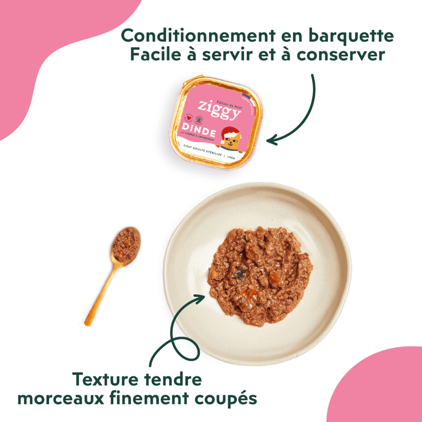 Conditionnement de la pâtée pour chat stérilisé Ziggy à la dinde en édition limitée pour Noël