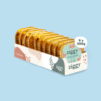 Quantity selector for the pack of 9x300g trays of Ziggy adult sterilised cat pâté with salmon