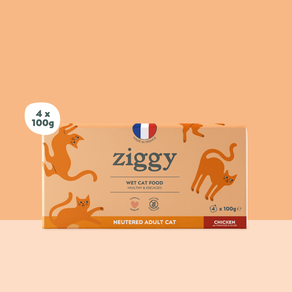 Barquette de la pâtée pour chat adulte stérilisé Ziggy au Poulet, Tomates et Olives