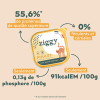 Liste d'ingrédients de la pâtée pour chat adulte stérilisé au poulet de la marque d'alimentation pour chat Ziggy