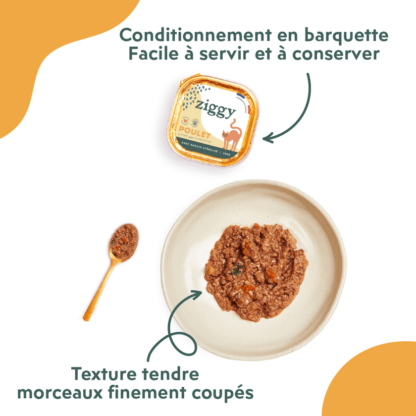 Conditionnement et texture de la pâtée pour chat adulte stérilisé au poulet de la marque d'alimentation pour chat Ziggy