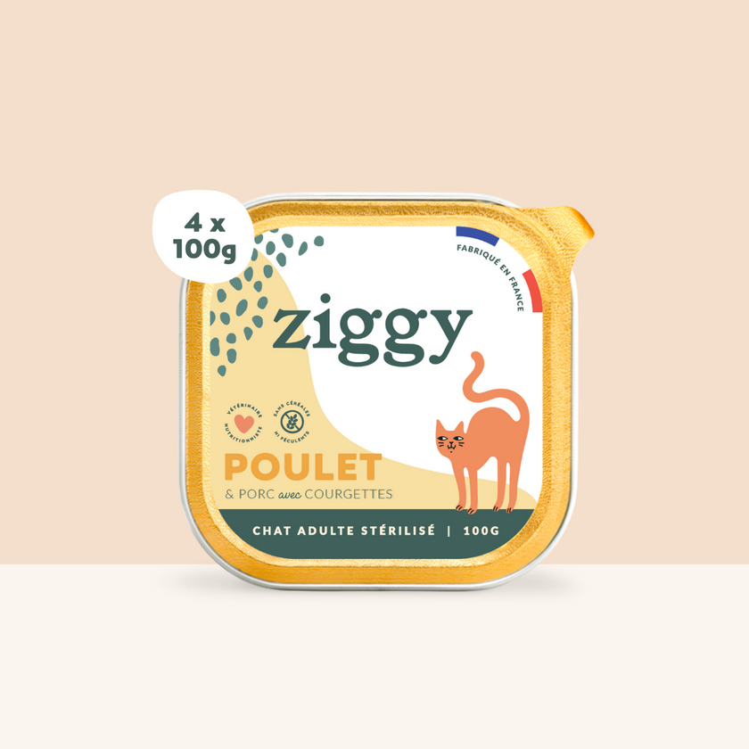 Barquette de 100g de pâtées Ziggy pour chat adulte stérilisé au poulet, saines et sans céréales